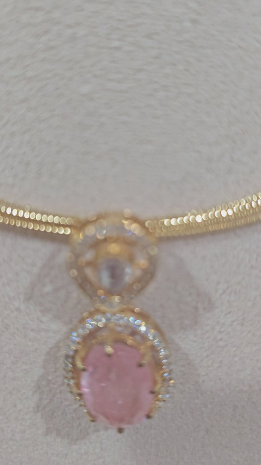 4 layer Hasli Necklace with Moissanite Polki Pendant & Earrings Set in 925 Silver , Peach color