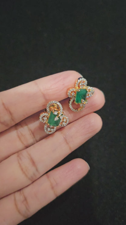 Emerald Earrings with Halo CZs , 925 Silver