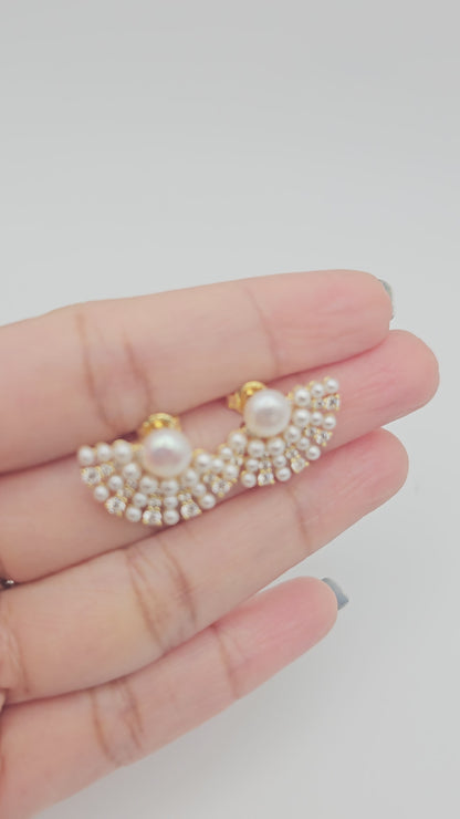 Fanburst Freshwater Pearl Earrings, 925 Silver, gold plated