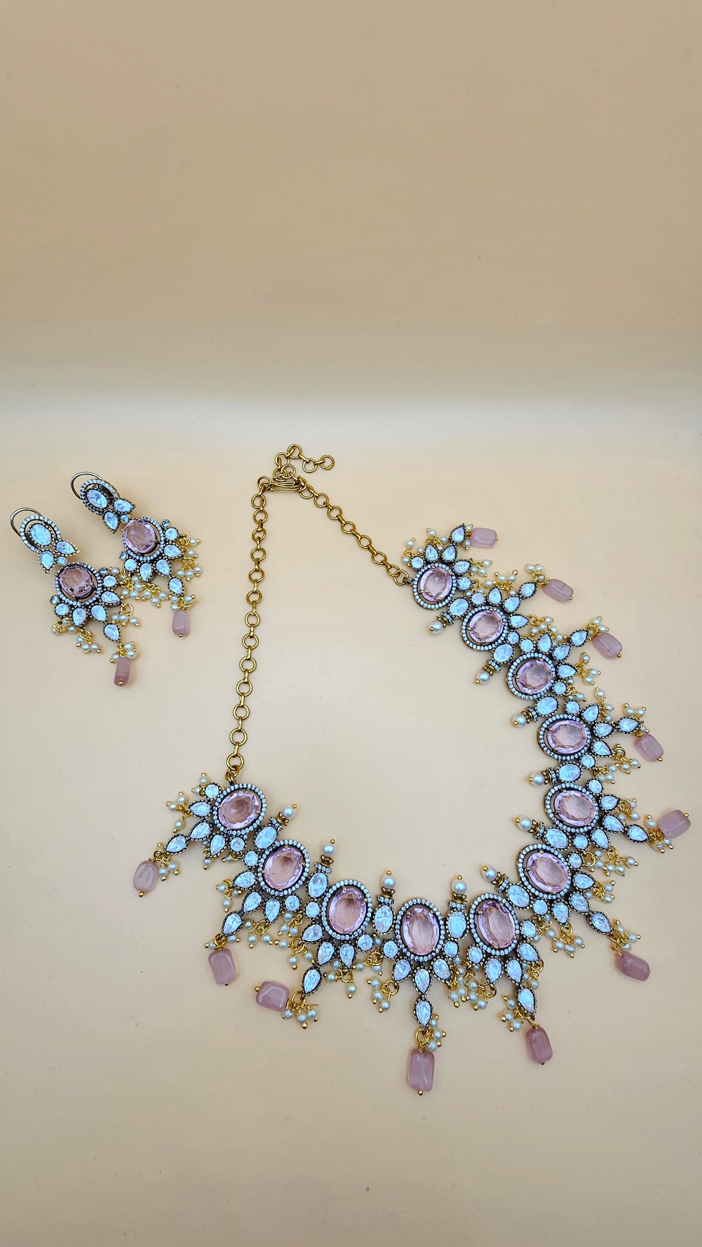 Victorian Polki Pearl Set in Pink and Green