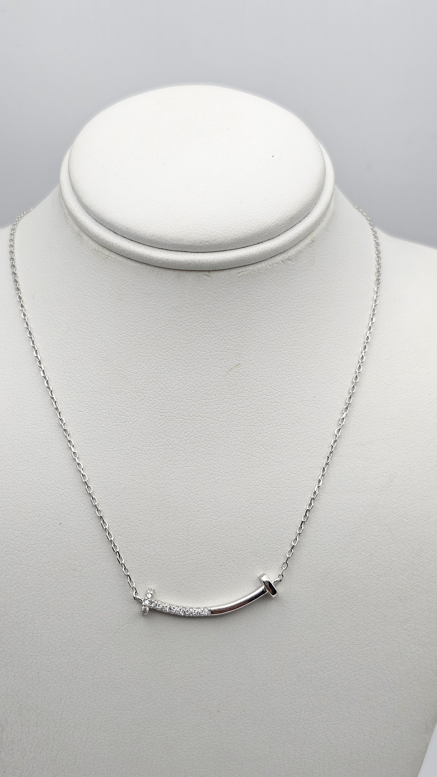 Dainty T-Smile Pendant with stone accents,  925 Silver, 16" + 2"