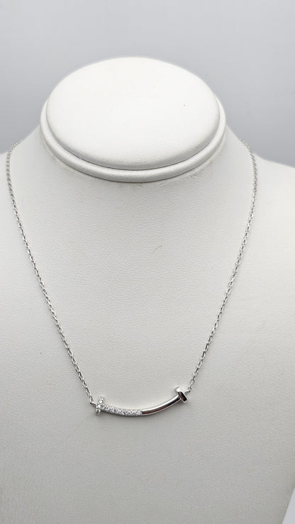 Dainty T-Smile Pendant with stone accents,  925 Silver, 16" + 2"