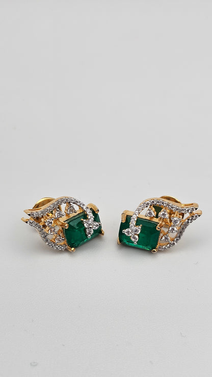 Leaf cut Emerald Green Earrings with CZs in 925 Silver