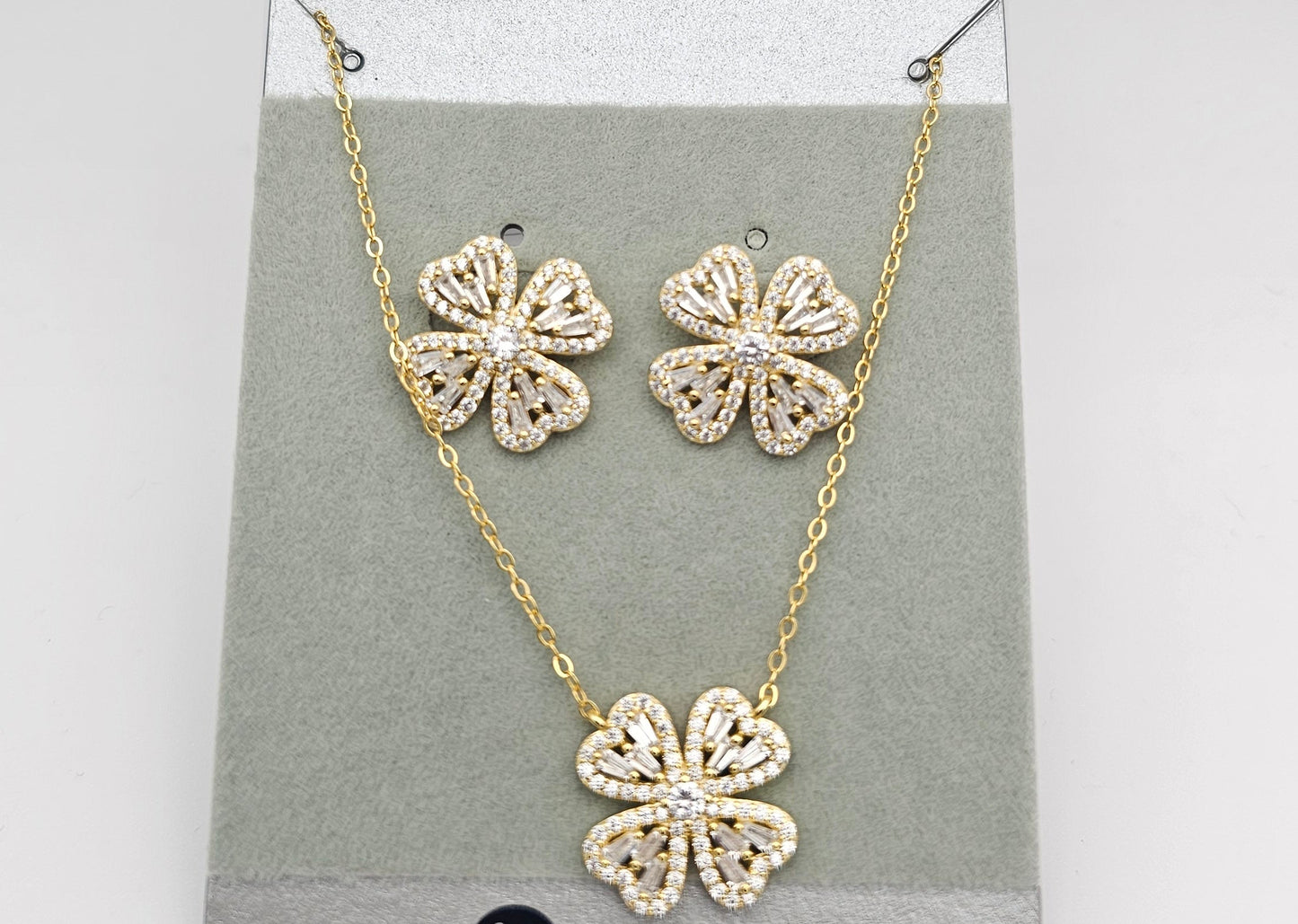 4 Petal Floral with Stone Accents Necklace and Earrings Set, 925 Silver, gold plated