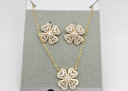 4 Petal Floral with Stone Accents Necklace and Earrings Set, 925 Silver, gold plated