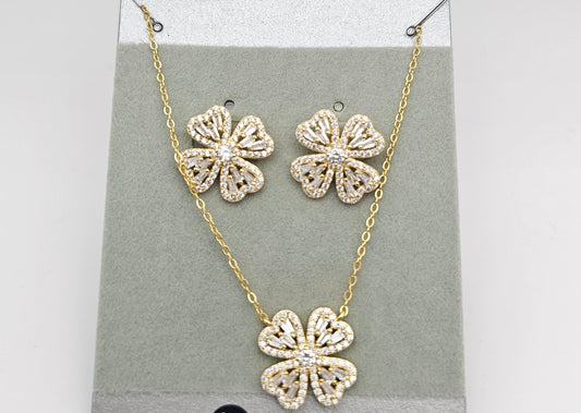 4 Petal Floral with Stone Accents Necklace and Earrings Set, 925 Silver, gold plated