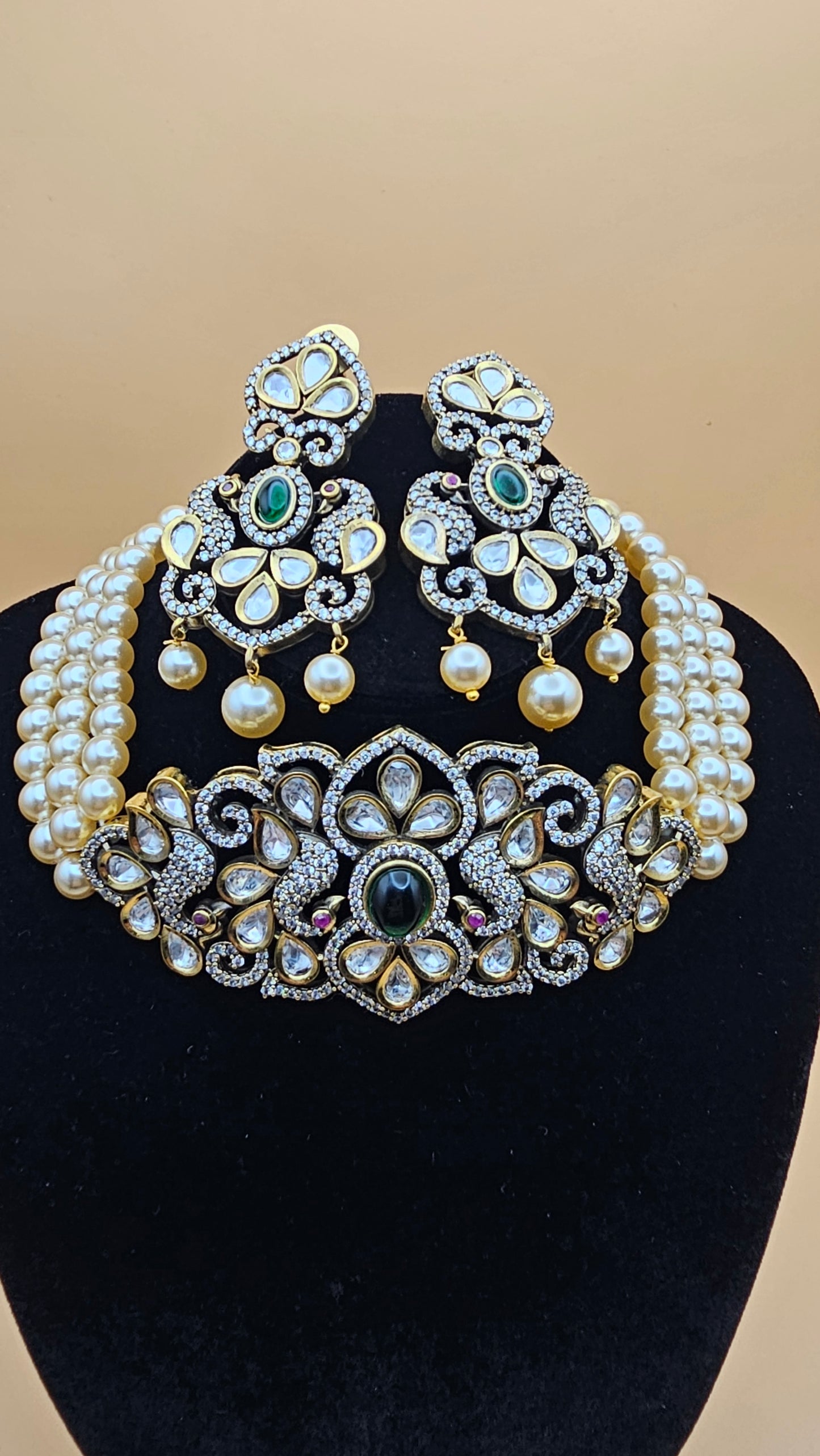 Victorian Pearl Choker & Earrings Set in Green and Red stones