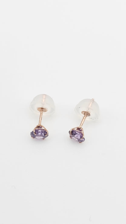 14k Gold Pink/Purple Solitaire Studs, 14kt pure gold hallmarked,  5 mm, kids and adults