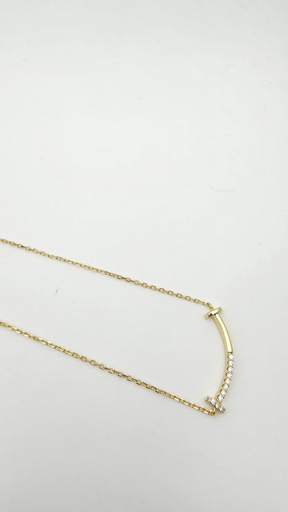 Dainty T-Smile Pendant with stone accents,  925 Silver, 16" + 2"