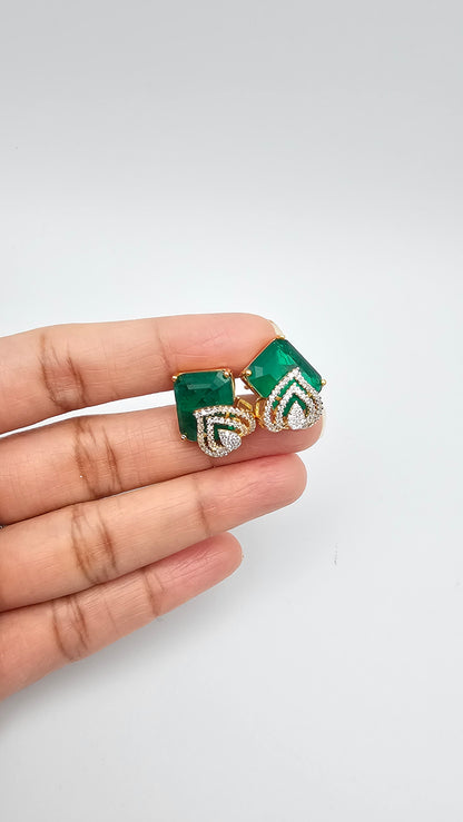 Leaf cut Emerald Green Earrings with CZs in 925 Silver