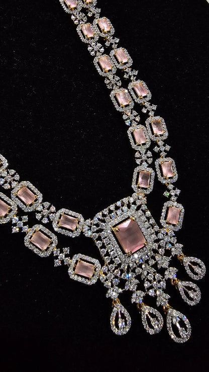 Mid-length CZ Necklace, Earrings set in Mint Green and Peach Colors