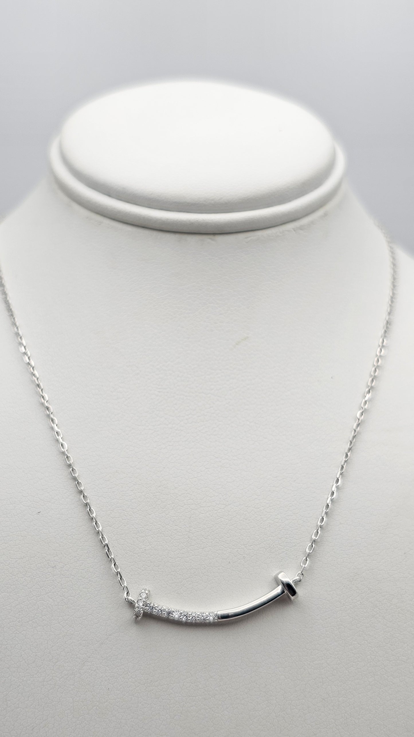 Dainty T-Smile Pendant with stone accents,  925 Silver, 16" + 2"