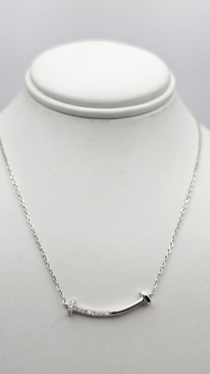 Dainty T-Smile Pendant with stone accents,  925 Silver, 16" + 2"