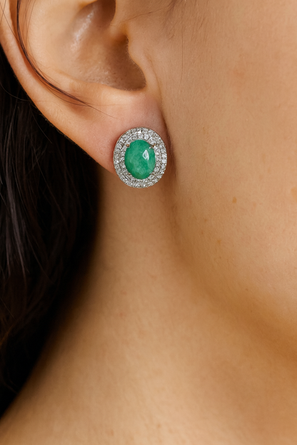 Emerald Oval Shaped Stud Earrings 925 Silver