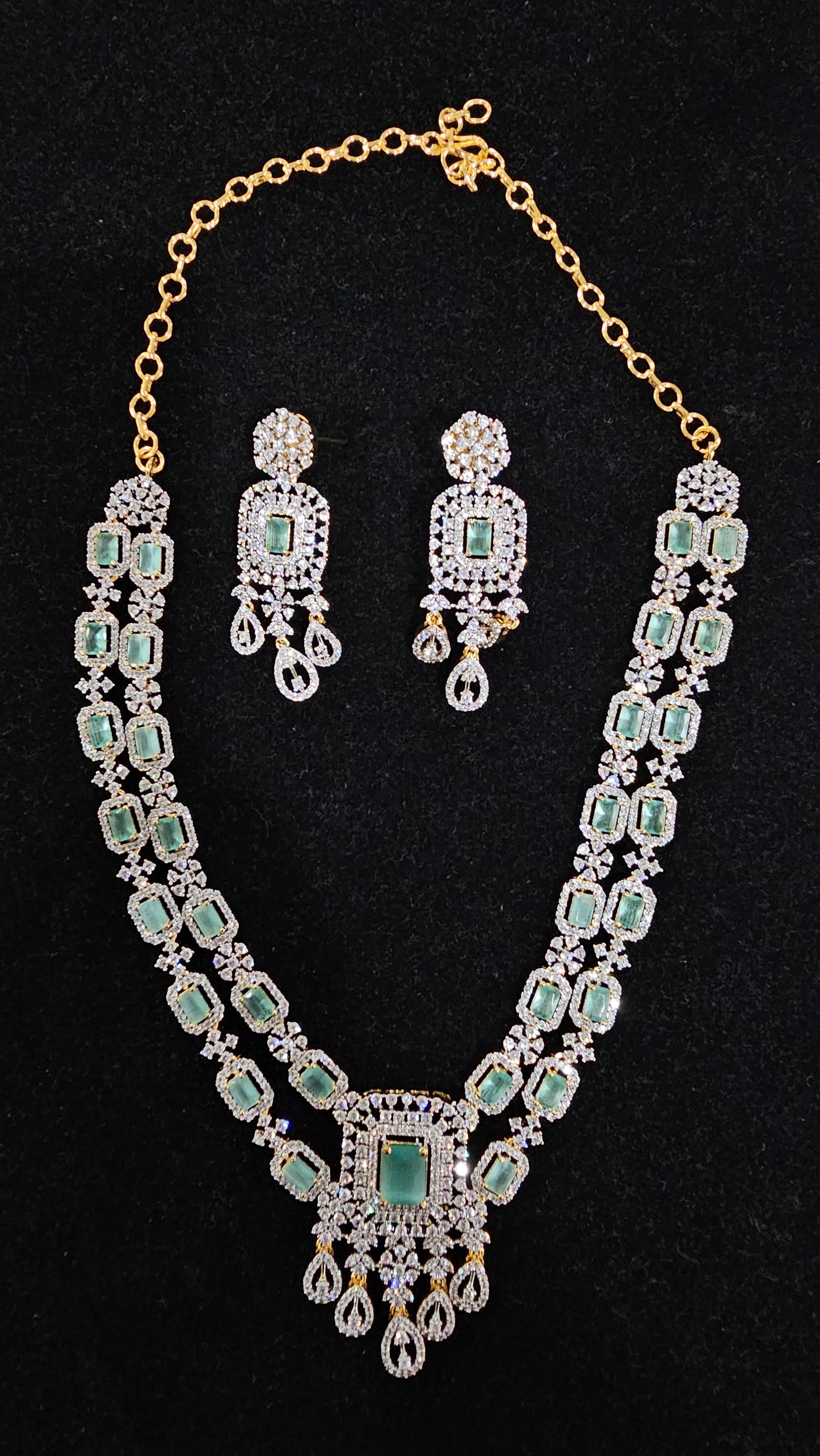 Mid-length CZ Necklace, Earrings set in Mint Green and Peach Colors