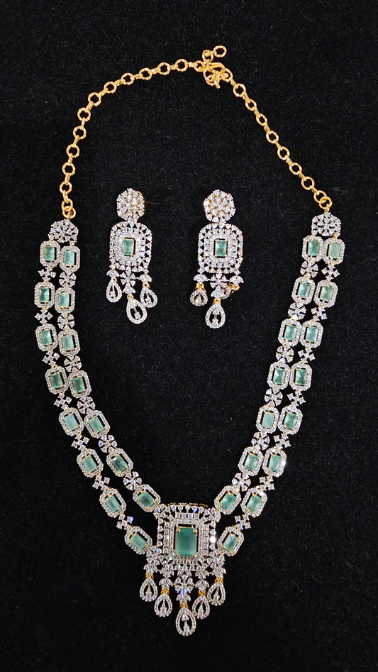 Mid-length CZ Necklace, Earrings set in Mint Green and Peach Colors