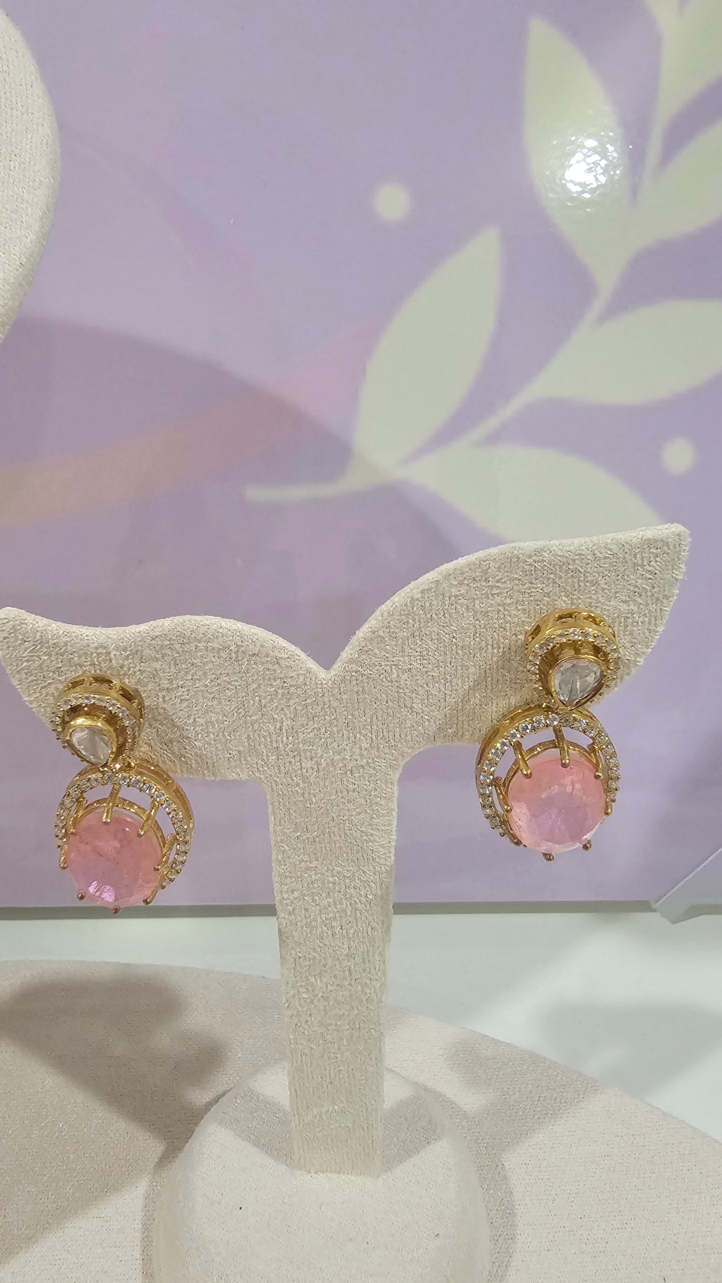 4 layer Hasli Necklace with Moissanite Polki Pendant & Earrings Set in 925 Silver , Peach color