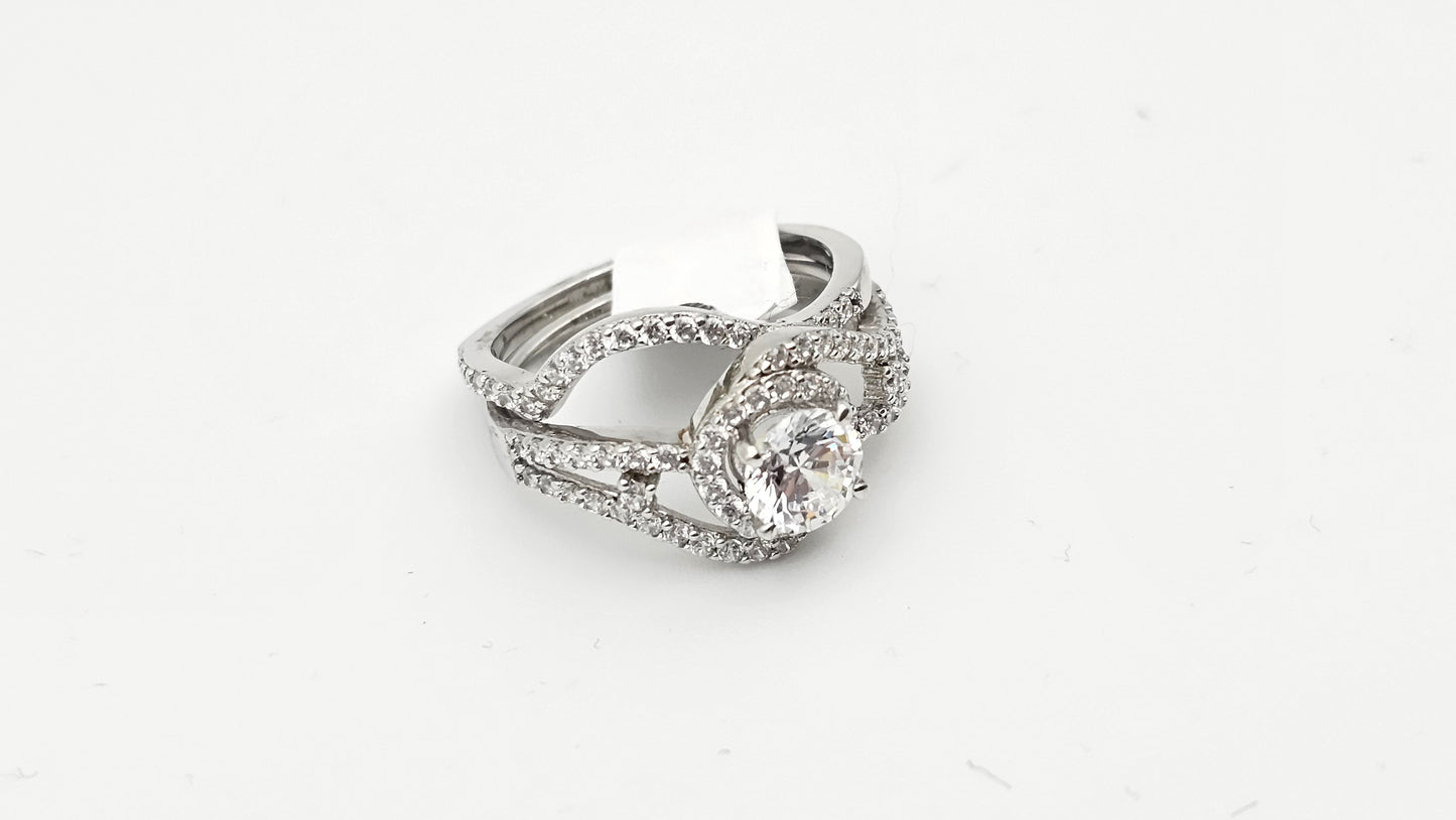 Round Halo Ring with Split Shank and Pave Band in 925 Silver & Swarvoski Crystals