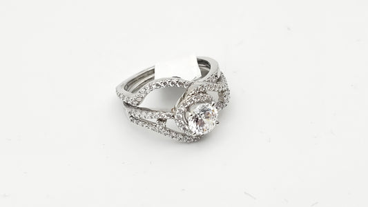 Round Halo Ring with Split Shank and Pave Band in 925 Silver & Swarvoski Crystals