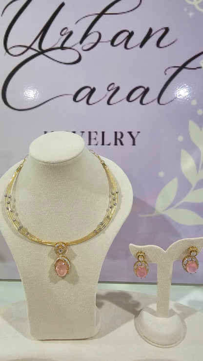 4 layer Hasli Necklace with Moissanite Polki Pendant & Earrings Set in 925 Silver , Peach color