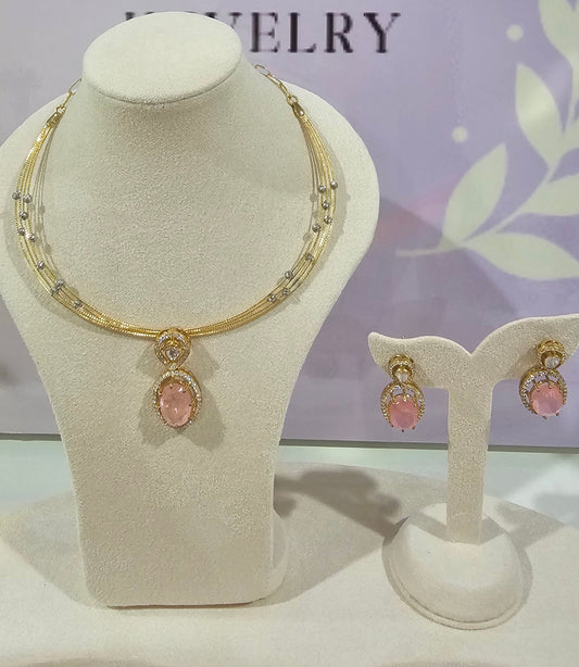 4 layer Hasli Necklace with Moissanite Polki Pendant & Earrings Set in 925 Silver , Peach color