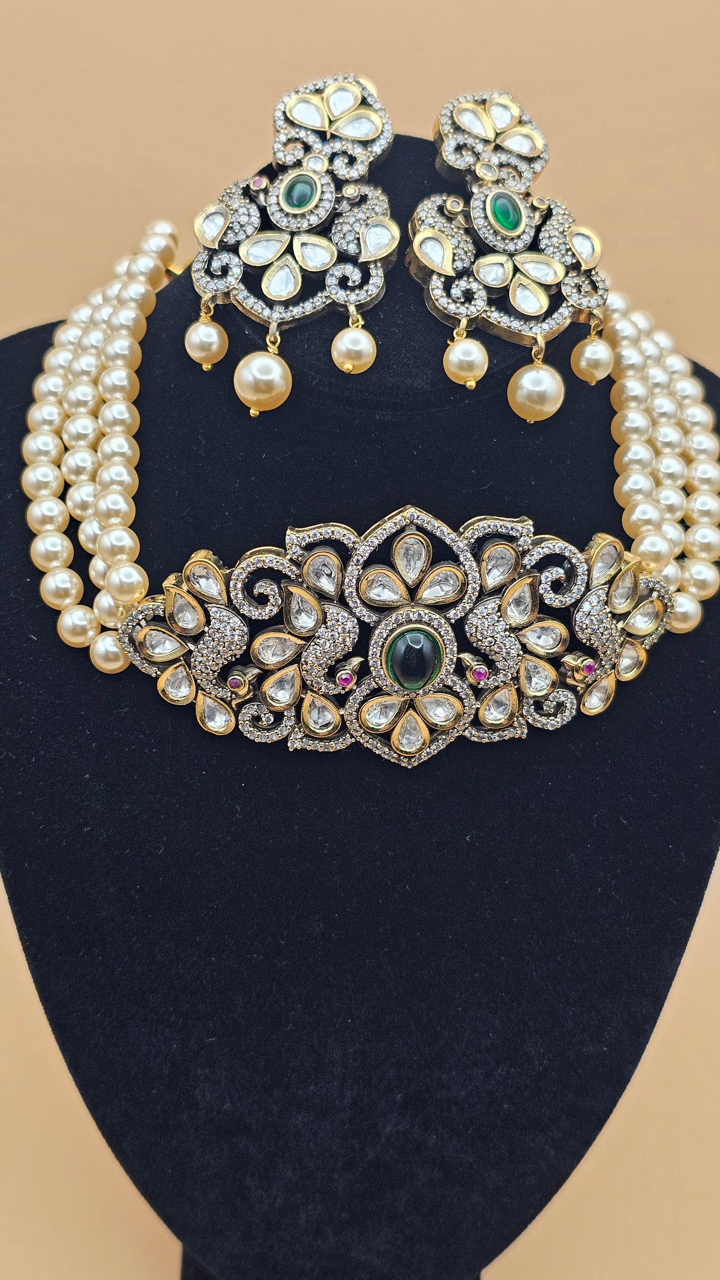 Victorian Pearl Choker & Earrings Set in Green and Red stones