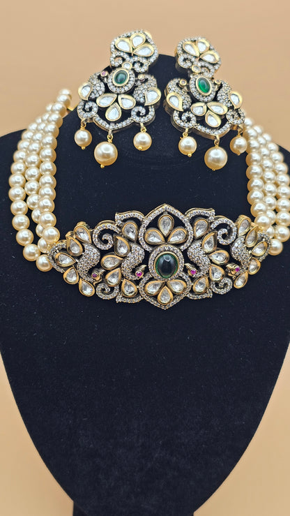 Victorian Pearl Choker & Earrings Set in Green and Red stones