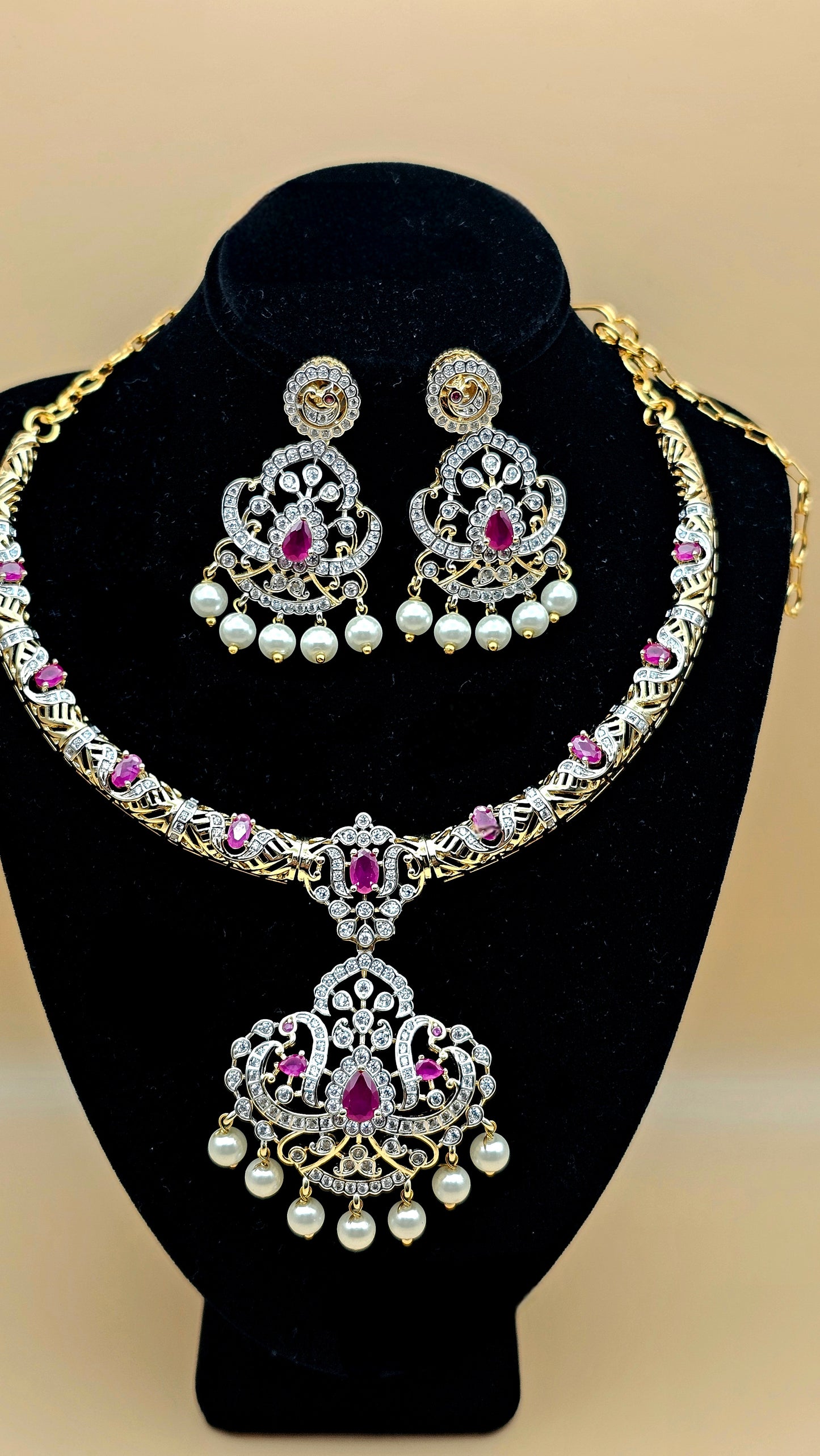 Pearl Drop Hasli Necklace and Earrings set in Ruby Pink and Emerald Green
