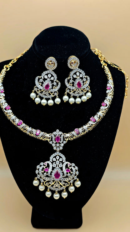 Pearl Drop Hasli Necklace and Earrings set in Ruby Pink and Emerald Green