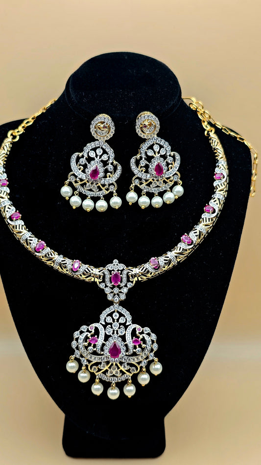 Pearl Drop Hasli Necklace and Earrings set in Ruby Pink and Emerald Green