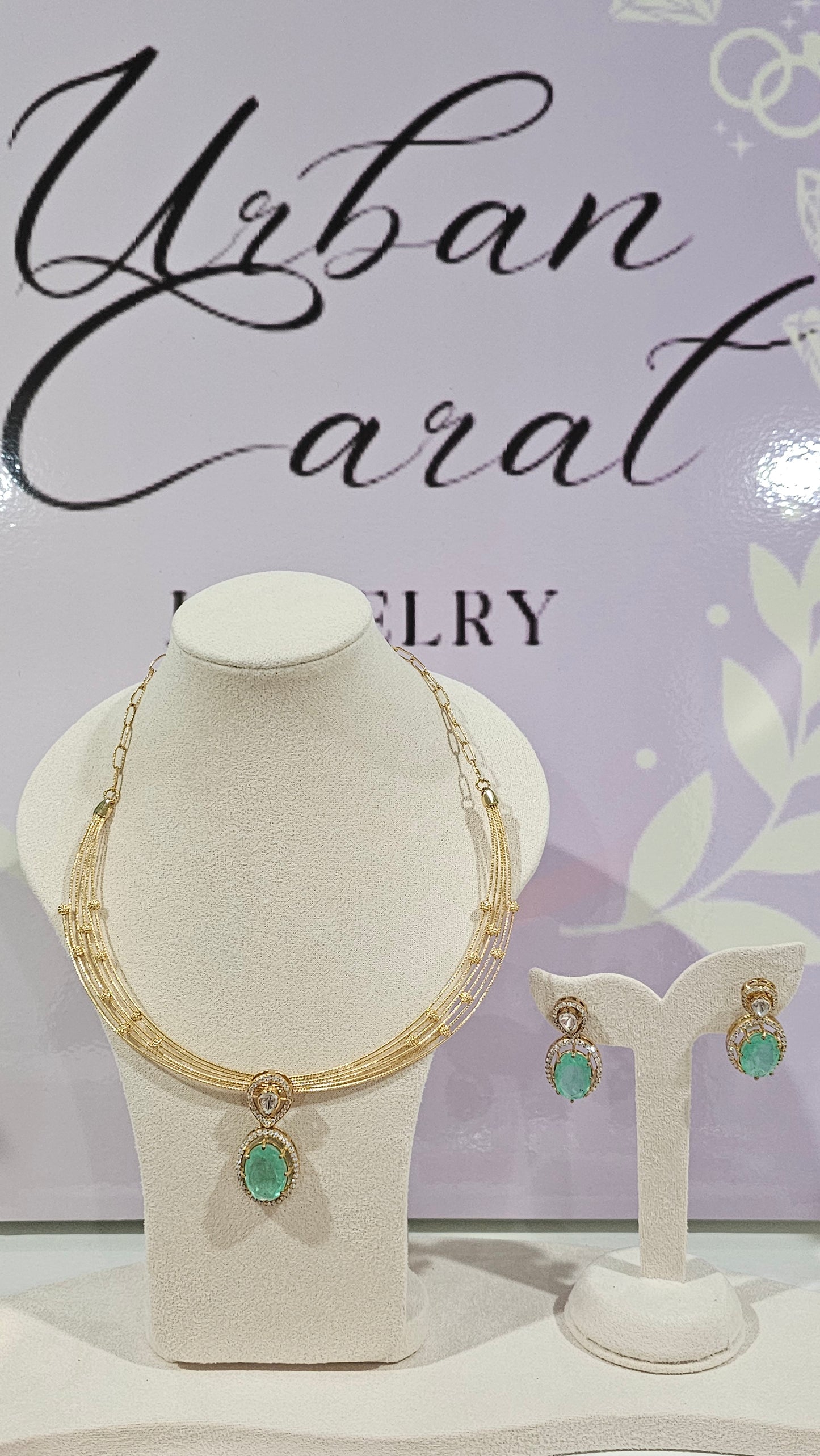 5 layer Hasli Necklace with Polki Moissanite Pendant and Earrings set in 925 Silver