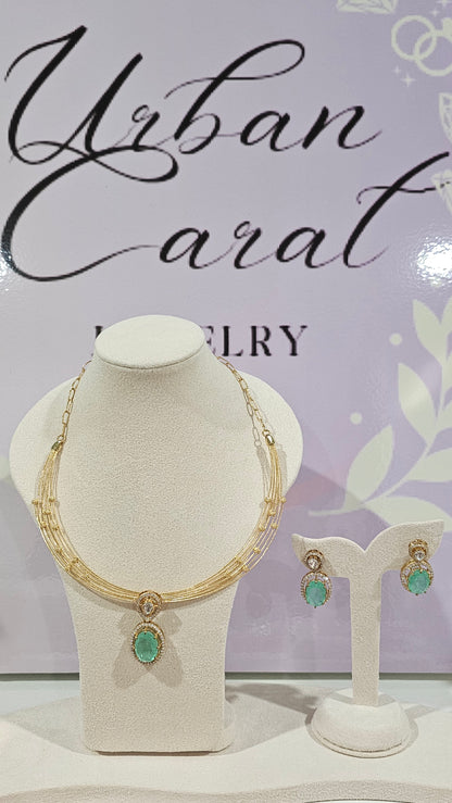 5 layer Hasli Necklace with Polki Moissanite Pendant and Earrings set in 925 Silver