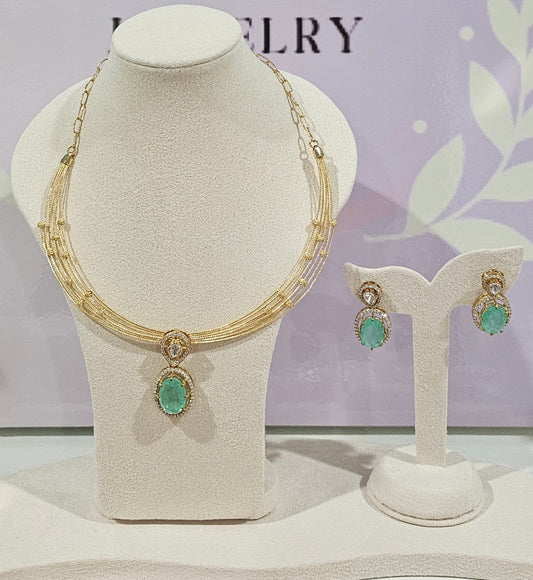 5 layer Hasli Necklace with Polki Moissanite Pendant and Earrings set in 925 Silver