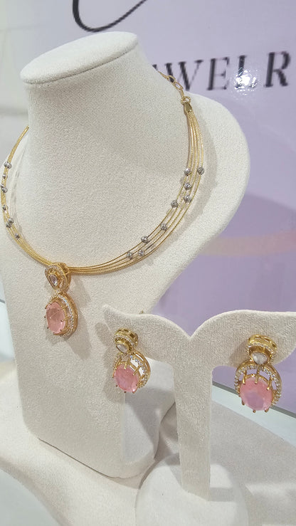 4 layer Hasli Necklace with Moissanite Polki Pendant & Earrings Set in 925 Silver , Peach color
