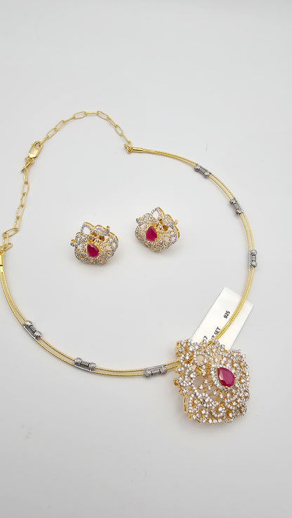 925 Silver Ruby Diamond Pendant Necklace and Earrings Set, Detachable pendant