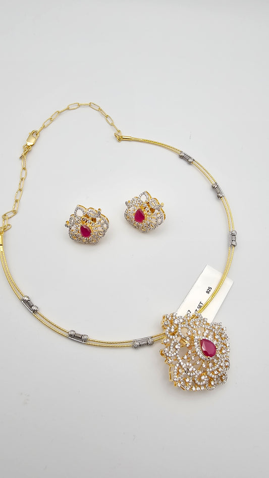 925 Silver Ruby Diamond Pendant Necklace and Earrings Set, Detachable pendant