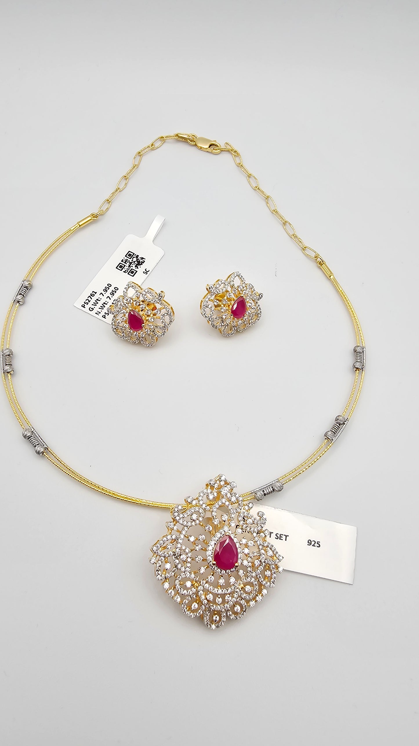 925 Silver Ruby Diamond Pendant Necklace and Earrings Set, Detachable pendant
