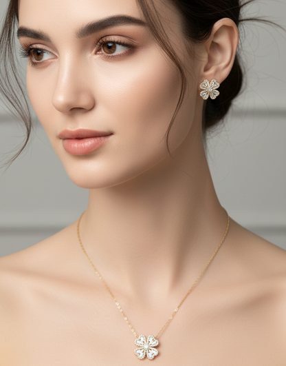 4 Petal Floral with Stone Accents Necklace and Earrings Set, 925 Silver, gold plated