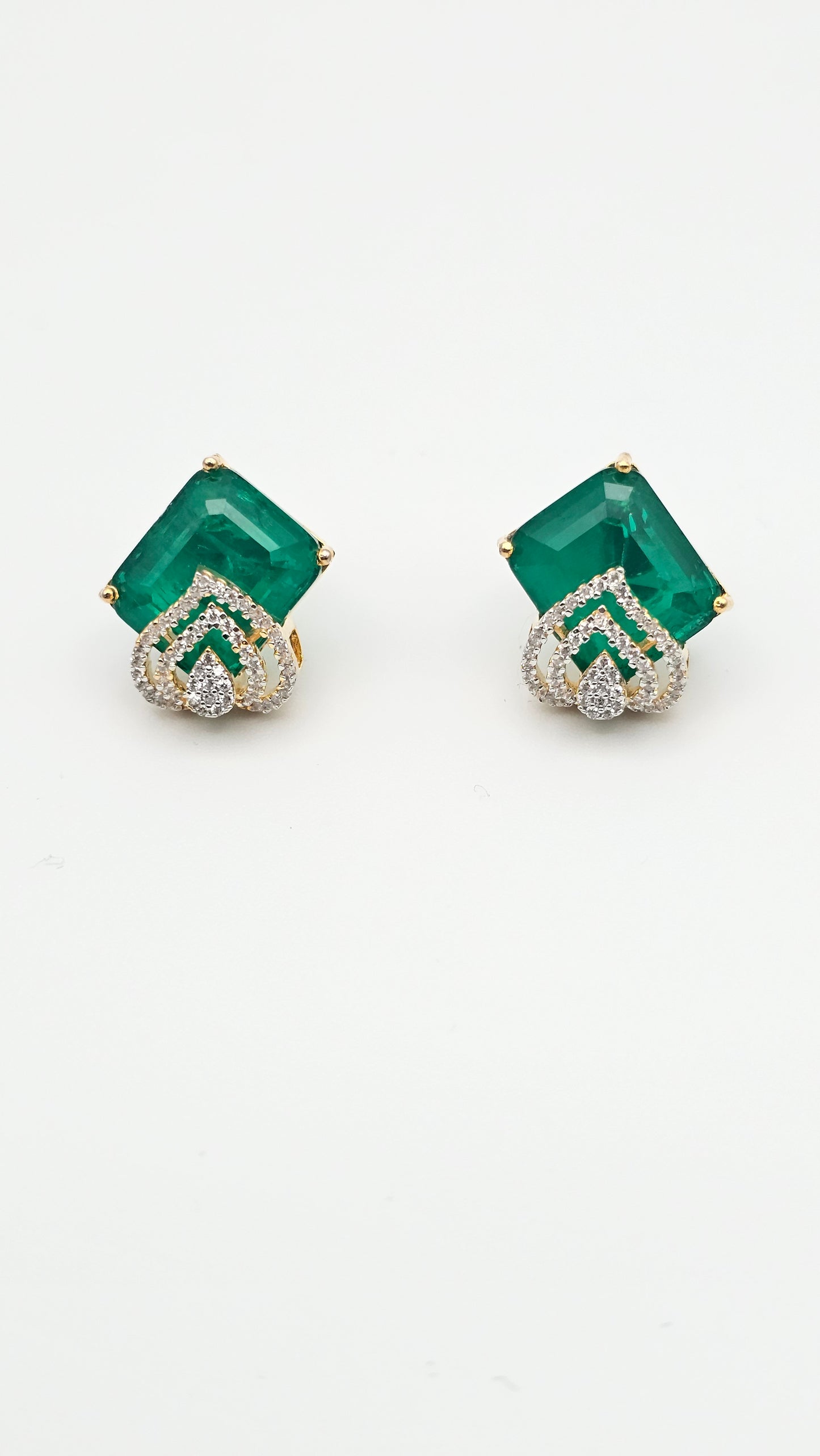 Leaf cut Emerald Green Earrings with CZs in 925 Silver