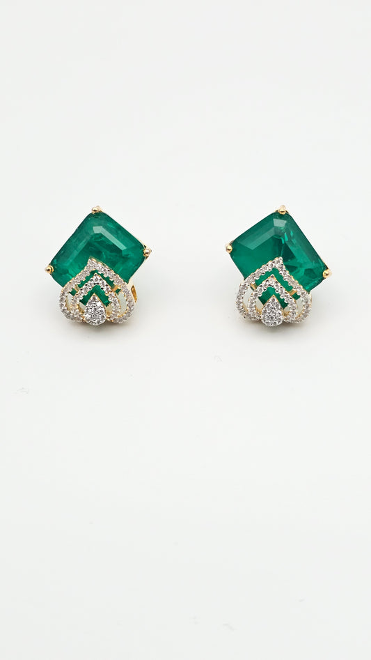 Leaf cut Emerald Green Earrings with CZs in 925 Silver
