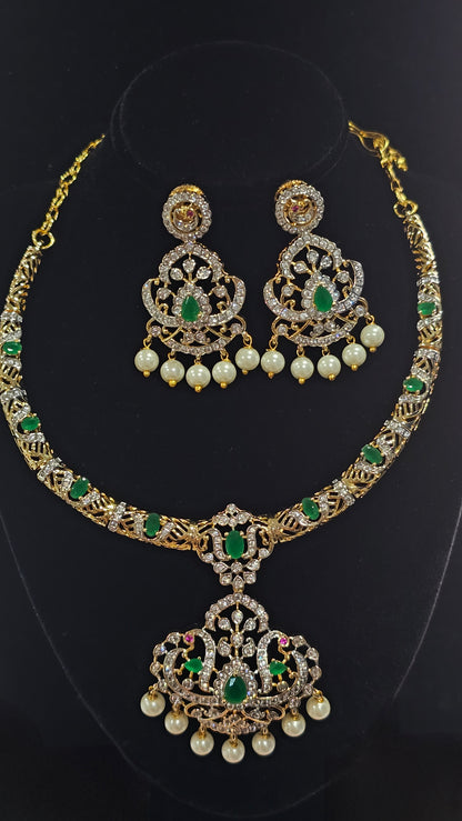 Pearl Drop Hasli Necklace and Earrings set in Ruby Pink and Emerald Green