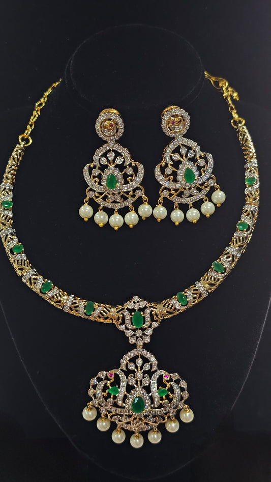Pearl Drop Hasli Necklace and Earrings set in Ruby Pink and Emerald Green