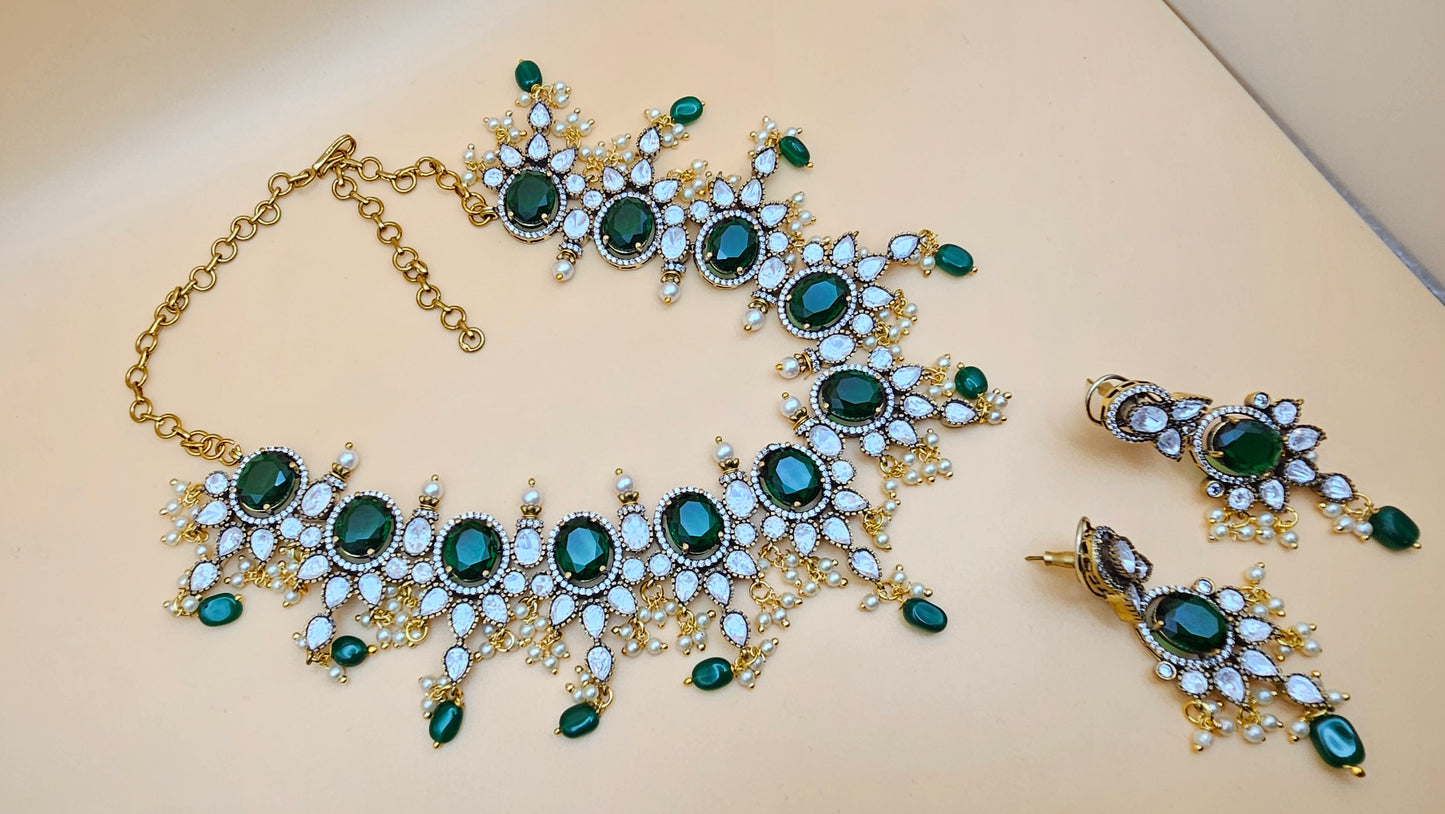 Victorian Polki Pearl Set in Pink and Green