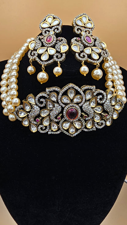 Victorian Pearl Choker & Earrings Set in Green and Red stones