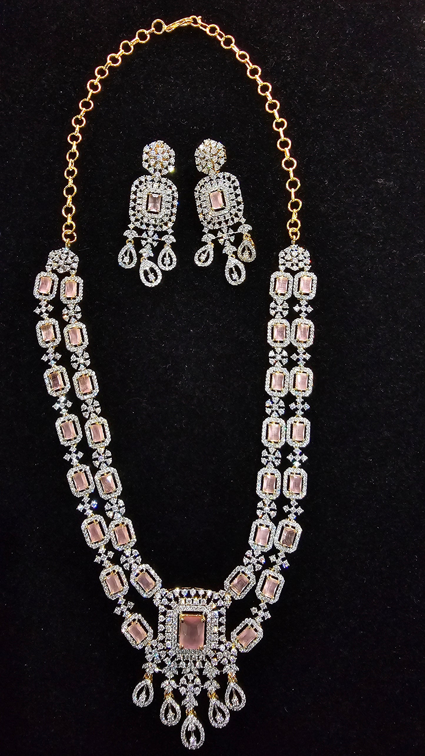 Mid-length CZ Necklace, Earrings set in Mint Green and Peach Colors