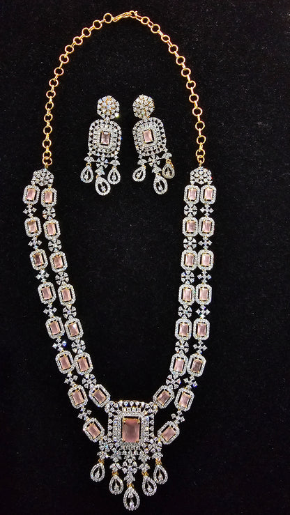 Mid-length CZ Necklace, Earrings set in Mint Green and Peach Colors