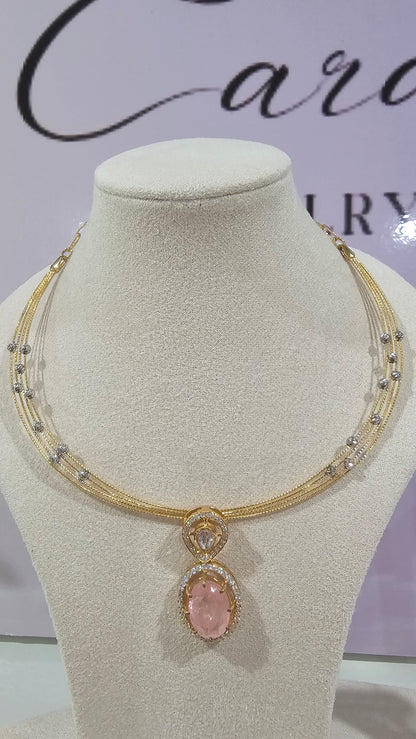 4 layer Hasli Necklace with Moissanite Polki Pendant & Earrings Set in 925 Silver , Peach color