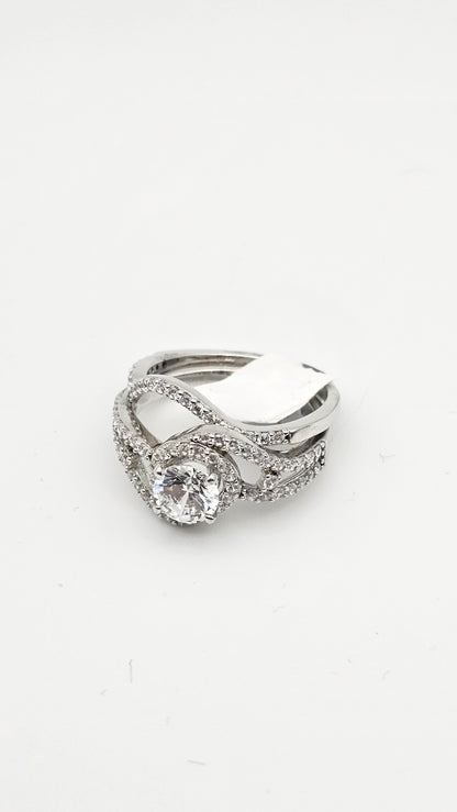 Round Halo Ring with Split Shank and Pave Band in 925 Silver & Swarvoski Crystals