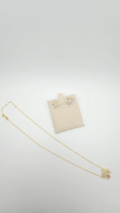 4 Petal Floral with Stone Accents Necklace and Earrings Set, 925 Silver, gold plated