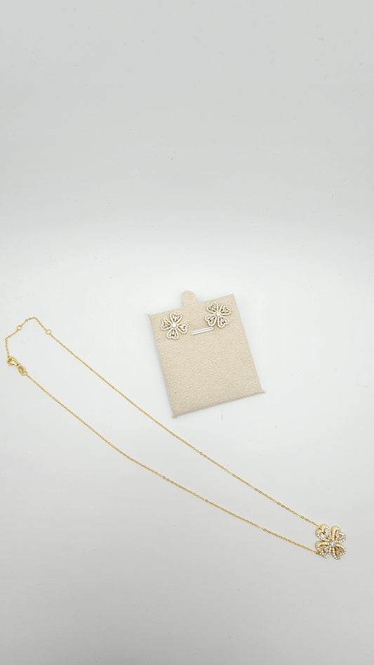 4 Petal Floral with Stone Accents Necklace and Earrings Set, 925 Silver, gold plated